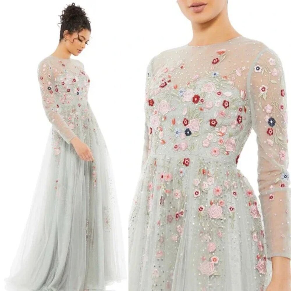 NWT Mac Duggal 11241 Embroidered Illusion High Neck Long Sleeve A Line Gown Sz 6